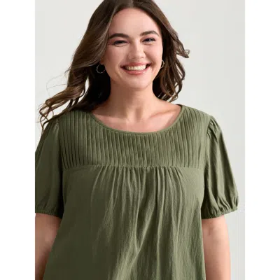 Bloomchic Women's Plus Size Pure Cotton Pleated Puffy Sleeve Blouse Armygreen Non Casual Short Sleeve 26/4x
