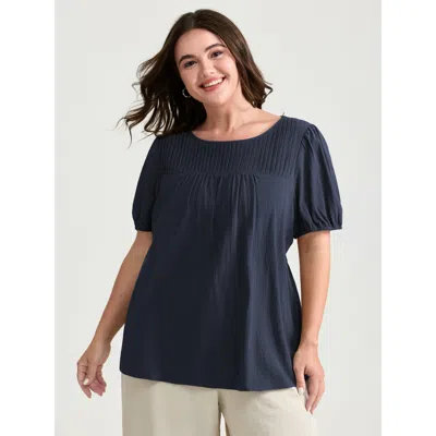 Bloomchic Women's Plus Size Pure Cotton Pleated Puffy Sleeve Blouse Darkblue Non Casual Short Sleeve 30/6x In Blue
