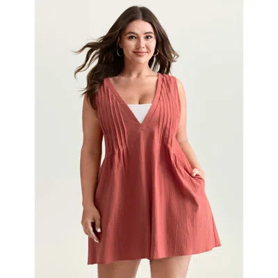 Bloomchic Women's Plus Size Pure Cotton Pleated Side V-neck Romper Coral Casual No Stretch 18-20/2x In Orange