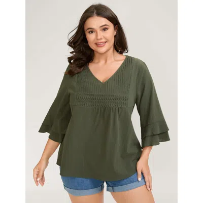 Bloomchic Women's Plus Size Pure Cotton Pleated V-neck Blouse Moss Synthetic Texture Casual 3/4 Sleeve 10/m In Green