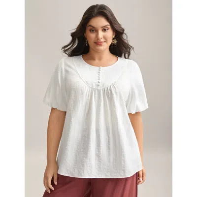 Bloomchic Women's Plus Size Pure Cotton Puff Sleeve Button Blouse Whitesmoke Non Vacation Half Sleeve 14-16/1x