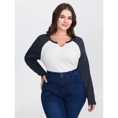 Bloomchic Women's Plus Size Pure Cotton Ribbed Color Contrast T-shirt Darkblue Color Block Casual Long Sleeve  In Blue