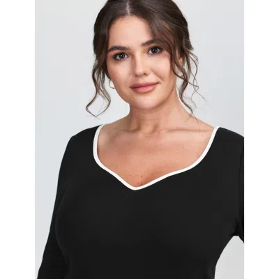 Bloomchic Women's Plus Size Pure Cotton Ribbed Solid T-shirt Black Solid Elegant Long Sleeve Sweetheart Neck 3