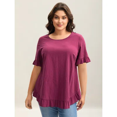 Bloomchic Women's Plus Size Pure Cotton Ruffled Curved Hem Blouse Redviolet Solid Casual Short Sleeve Round Ne