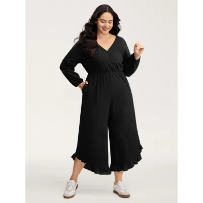 Bloomchic Women's Plus Size Pure Cotton Ruffled Hem Pockets Jumpsuit Black Casual 26/4x