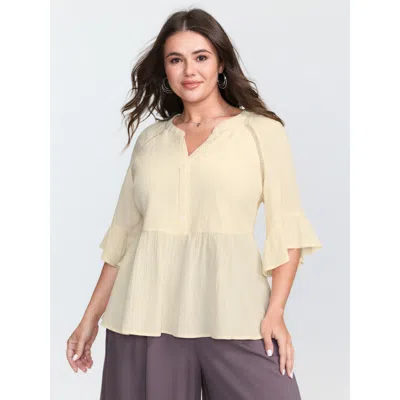 Bloomchic Women's Plus Size Pure Cotton Ruffled Lace Blouse Beige Non Casual 3/4 Sleeve 12/l In Sand