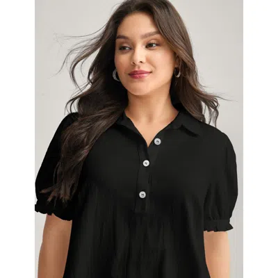 Bloomchic Women's Plus Size Pure Cotton Ruffled Puffy Sleeve Blouse Black Solid Office Short Sleeve Collared N