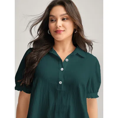 Bloomchic Women's Plus Size Pure Cotton Ruffled Puffy Sleeve Blouse Cyan Solid Office Short Sleeve Collared Ne In Blue