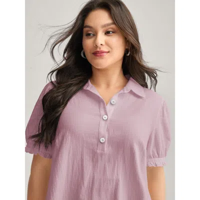 Bloomchic Women's Plus Size Pure Cotton Ruffled Puffy Sleeve Blouse Lilac Solid Office Short Sleeve Collared N In Purple