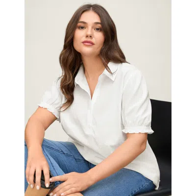 Bloomchic Women's Plus Size Pure Cotton Ruffled Puffy Sleeve Blouse Originalwhite Solid Office Short Sleeve Co