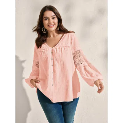 Bloomchic Women's Plus Size Pure Cotton Sheer Lace Trim Blouse Lightpink Solid Vacation Long Sleeve V-neck 12/