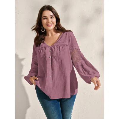 Bloomchic Women's Plus Size Pure Cotton Sheer Lace Trim Blouse Mauve Solid Vacation Long Sleeve V-neck 28/5x In Purple
