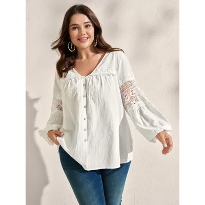 Bloomchic Women's Plus Size Pure Cotton Sheer Lace Trim Blouse Originalwhite Solid Vacation Long Sleeve V-neck