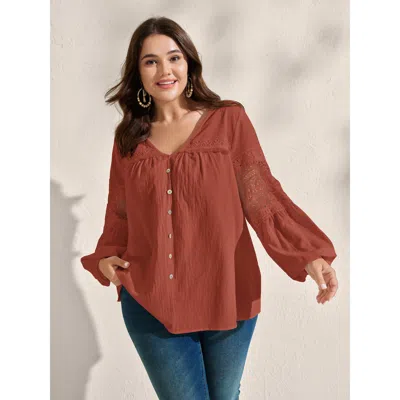 Bloomchic Women's Plus Size Pure Cotton Sheer Lace Trim Blouse Russet Solid Vacation Long Sleeve V-neck 10/m In Brown