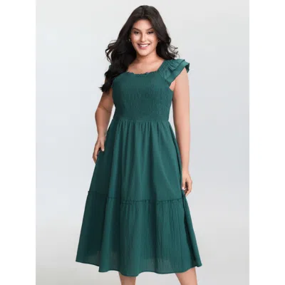 Bloomchic Women's Plus Size Pure Cotton Shirred Bodice Midi Dress Cyan Non Midi Casual Gathered 10/m In Blue