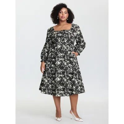 Bloomchic Women's Plus Size Pure Cotton Shirred Waist Silhouette Flower Midi Dress Black Floral Midi Elegant N