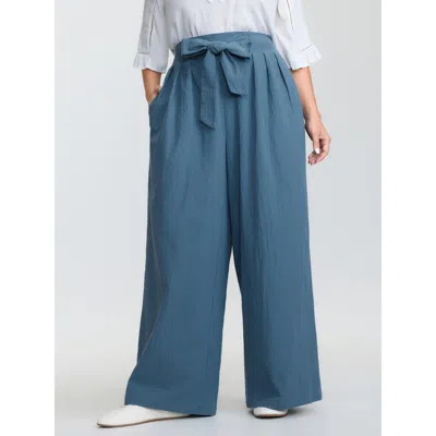 Bloomchic Women's Plus Size Pure Cotton Shirred Wide-waistband Pants Lightblue Solid Wide Leg Mid Rise Casual  In Blue