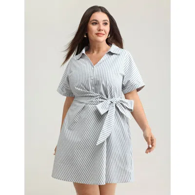 Bloomchic Women's Plus Size Pure Cotton Side Knotted Waist Mini Dress Stone Stripes Full Office Overlapping 10 In Gray