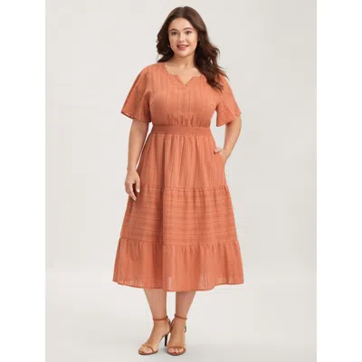 Bloomchic Women's Plus Size Pure Cotton Solid Textured Shirred Midi Dress Coral Synthetic Texture Midi Elegant In Orange