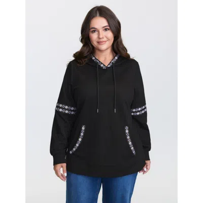 Bloomchic Women's Plus Size Pure Cotton Stretchy Boho Detail Hoodie Black Not Graphics Casual Hooded Neck 22-2