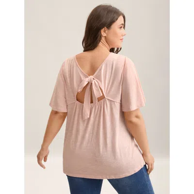Bloomchic Women's Plus Size Pure Cotton Stretchy Bow Back T-shirt Dirtypink Solid Casual Short Sleeve Round Ne