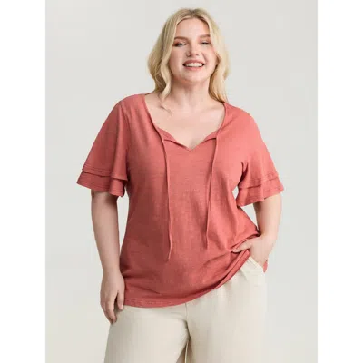 Bloomchic Women's Plus Size Pure Cotton Stretchy Layered Sleeve T-shirt Orangered Non Casual Short Sleeve 10/m