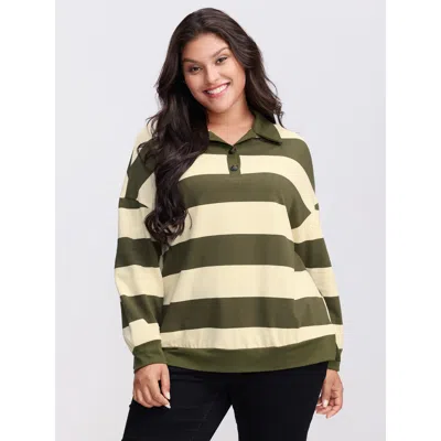 Bloomchic Women's Plus Size Pure Cotton Stripe Polo Collar Sweatshirt Armygreen Casual 18-20/2x