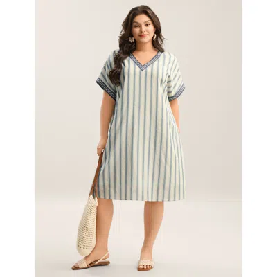 Bloomchic Women's Plus Size Pure Cotton Stripe Print Pockets Mini Dress Ivory Stripes Midi Vacation Colorblock In White