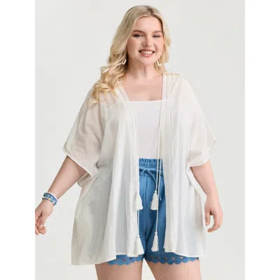 Bloomchic Women's Plus Size Pure Cotton Tassels Sheer Kimono Originalwhite Lace Trim T-line 10/m