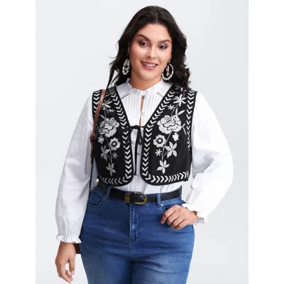 Bloomchic Women's Plus Size Pure Cotton Textured Embroidered Tie Vest Black Tie Knot 14-16/1x