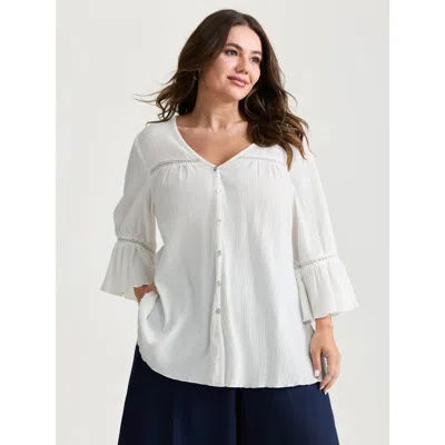 Bloomchic Women's Plus Size Pure Cotton Textured Lace Trim Button-front Shirt Whitesmoke Casual 3/4 Sleeve 14-
