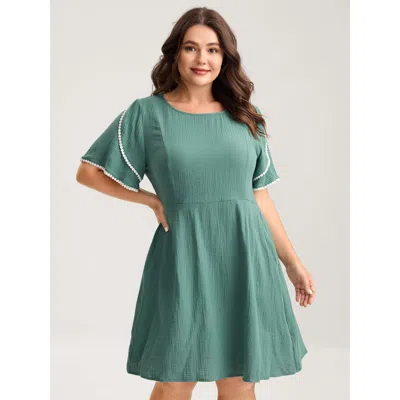 Bloomchic Women's Plus Size Pure Cotton Textured Lace Trim Midi Dress Emerald Non Short Elegant 30/6x In Green