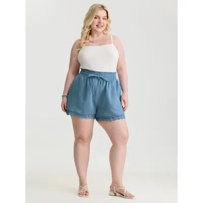 Bloomchic Women's Plus Size Pure Cotton Textured Lace Trim Shorts Cerulean Casual Non Smocked Shorts 12/l In Blue