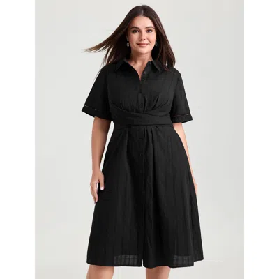 Bloomchic Women's Plus Size Pure Cotton Textured Overlap Waist Midi Dress Black Solid Office 18-20/2x