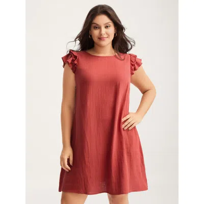 Bloomchic Women's Plus Size Pure Cotton Textured Ruffled Midi Dress Rust Non Short Casual Non 30/6x In Brown