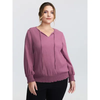 Bloomchic Women's Plus Size Pure Cotton Textured Shirred Blouse Mauve Synthetic Texture Elegant Extra Long Sle In Purple