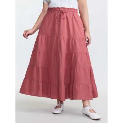 Bloomchic Women's Plus Size Pure Cotton Tiered Drawstring Maxi Skirt Rouge Tie Knot A-line Casual 10/m In Red
