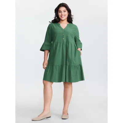 Bloomchic Women's Plus Size Pure Cotton Tiered Mini Dress Emerald Non Short Casual Gathered 12/l In Green