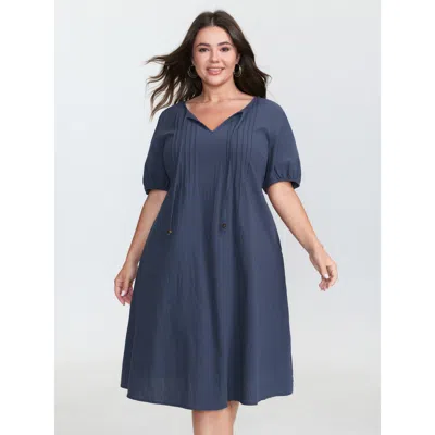 Bloomchic Women's Plus Size Pure Cotton Toothpick Pleat Mini Dress Darkblue Non Knee Casual Tucked Seam 10/m In Blue