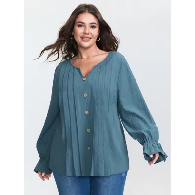 Bloomchic Women's Plus Size Pure Cotton Toothpick Pleat Tie Blouse Cerulean Solid Casual Long Sleeve V-notch N In Blue