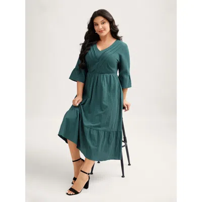 Bloomchic Women's Plus Size Pure Cotton Toothpick Pleats Tiered Midi Dress Cyan Non Midi Elegant Tucked Seam 3 In Blue