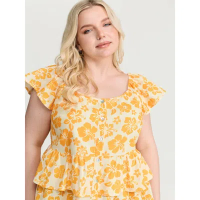 Bloomchic Women's Plus Size Pure Cotton Vibrant Floral Layered Blouse Turmeric Floral Casual Cap Sleeve 10/m In Yellow