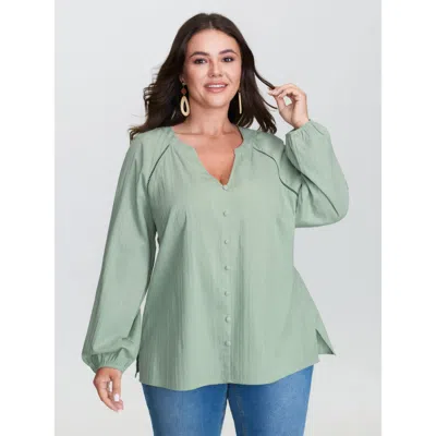 Bloomchic Women's Plus Size Pure Cotton Webbing Cut-out Blouse Greenbean Solid Vacation Long Sleeve V-notch Ne