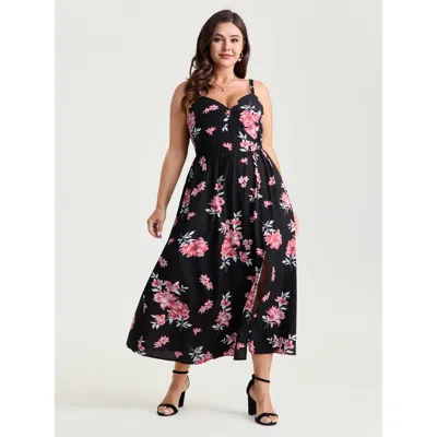Bloomchic Women's Plus Size Pure Floral Romance Twist-front Midi Dress Black Floral Midi Elegant Twist 12/l