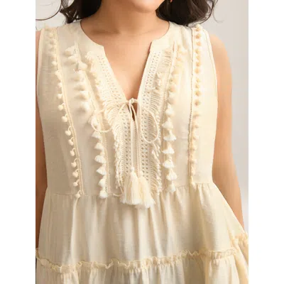 Bloomchic Women's Plus Size Pure Textured Tassels Tiered Tank Top Beige Vacation Babydoll V-notch Neck 10/m In Sand
