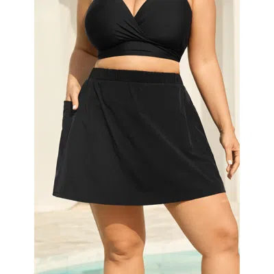 Bloomchic Women's Plus Size Quick Dry Patch Pocket Swim Skirt Black Non Short Tiered Fully Elasticated Waist 1