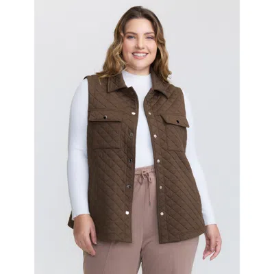 Bloomchic Women's Plus Size Quilted Chest Pockets Button Vest Browncoffeecolor Topstitching 12/l