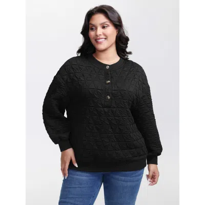 Bloomchic Women's Plus Size Quilted Cotton Placket Button Sweatshirt Black Casual 10/m