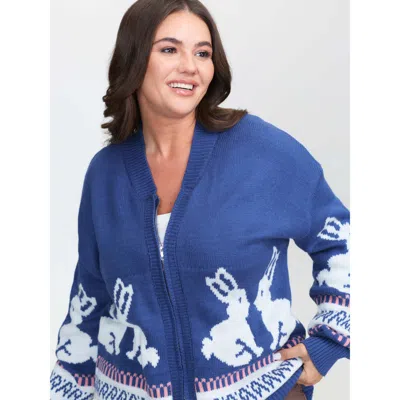 Bloomchic Women's Plus Size Rabbit Pattern Zipper Baseball Collar Knit Cardigan Skyblue Long Sleeve 12/l In Blue