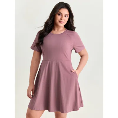 Bloomchic Women's Plus Size Raglan Sleeve Plain Round Neck Mini Dress Dustypink Solid Knee Length Casual 18-20 In Pink